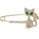 Fancy golden safety pin brooch cat shape green eyes set with rhinestones
