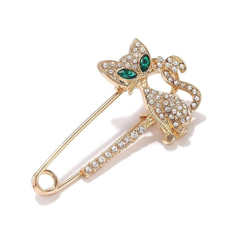Fancy golden safety pin brooch cat shape green eyes set with rhinestones