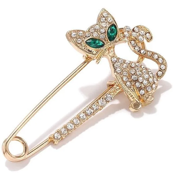 Broche Épingle à Nourrice Fantaisie dorée forme Chat yeux verts sertie de Strass
