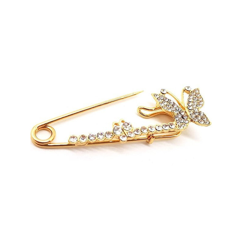 Golden Fancy Safety Pin Brooch Butterfly shape set with Rhinestones