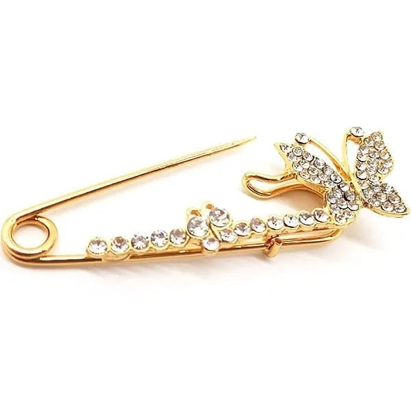 Broche Épingle à Nourrice Fantaisie dorée forme Papillon sertie de Strass