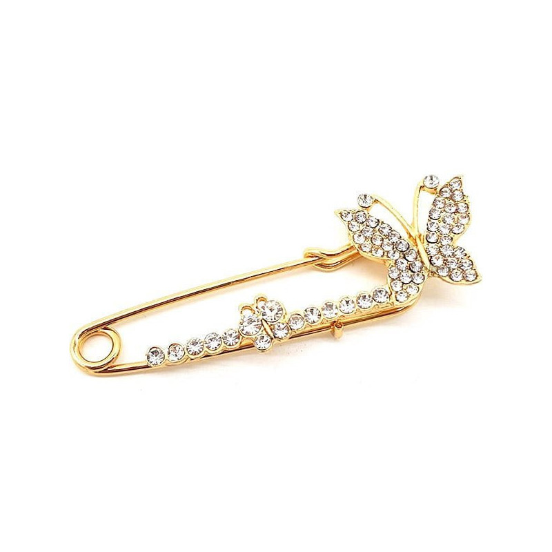Broche Épingle à Nourrice Fantaisie dorée forme Papillon sertie de Strass