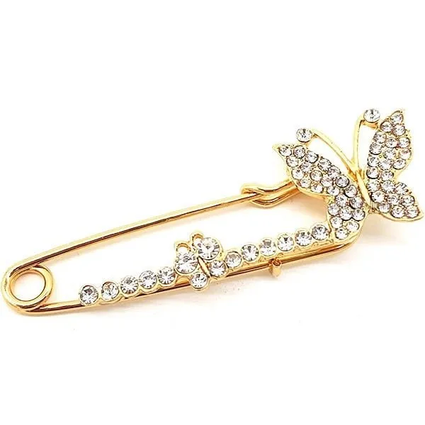 Golden Fancy Safety Pin Brooch Butterfly shape set with Rhinestones