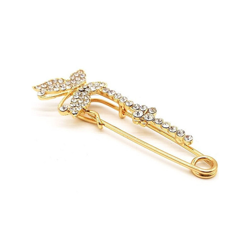 Broche Épingle à Nourrice Fantaisie dorée forme Papillon sertie de Strass
