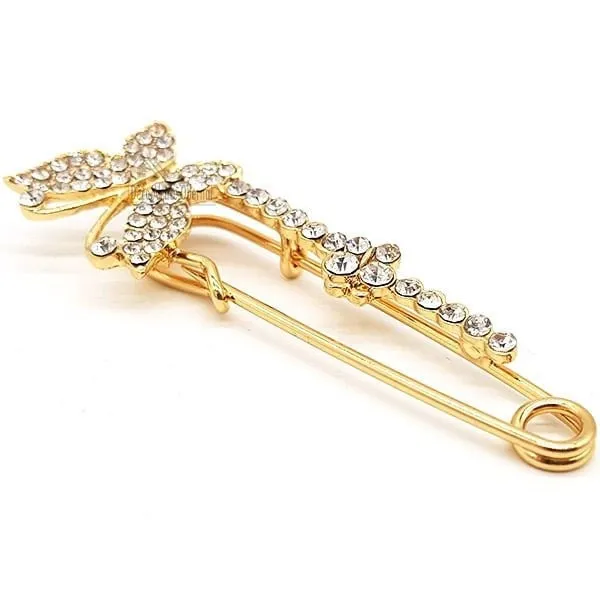 Golden Fancy Safety Pin Brooch Butterfly shape set with Rhinestones