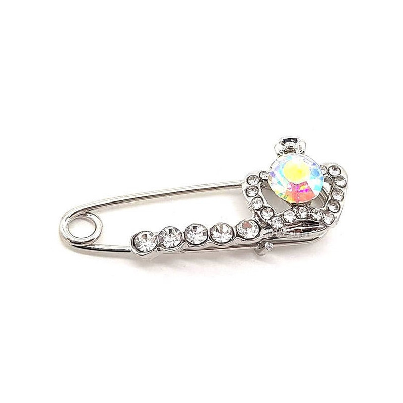 Broche Épingle à Nourrice Fantaisie argentée Couronne sertie de Strass
