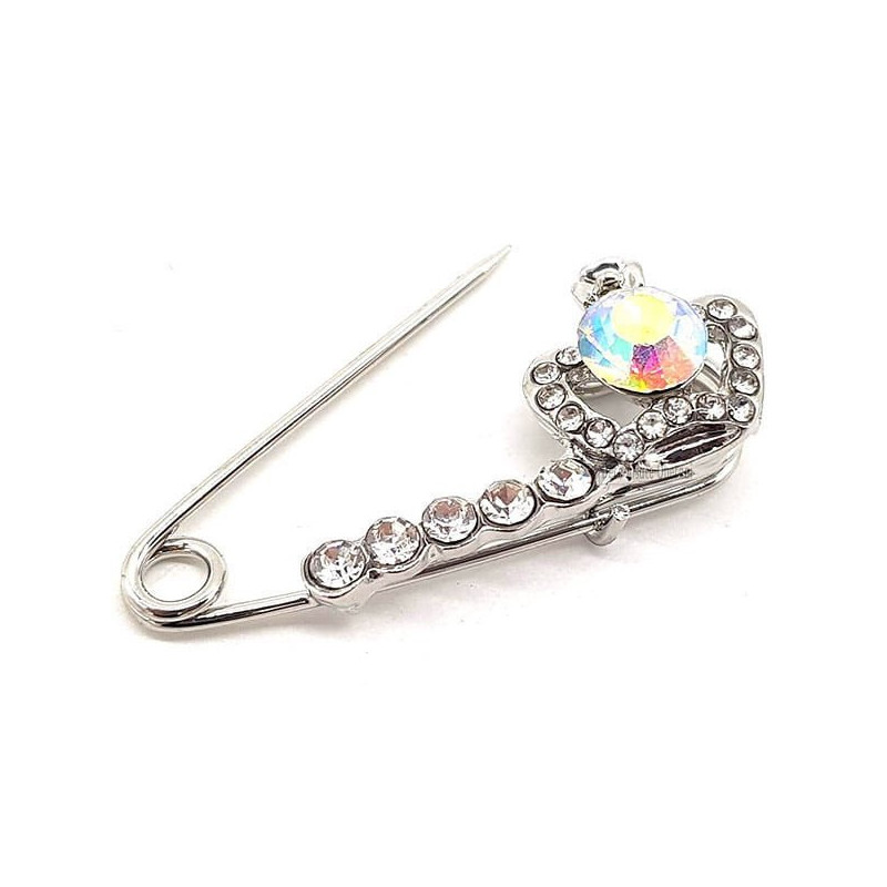Broche Épingle à Nourrice Fantaisie argentée Couronne sertie de Strass