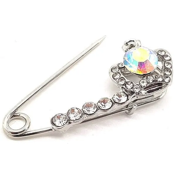 Silver Fancy Safety Pin Brooch Crown set with Rhinestones