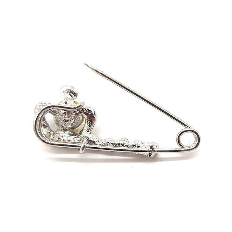 Broche Épingle à Nourrice Fantaisie argentée Couronne sertie de Strass