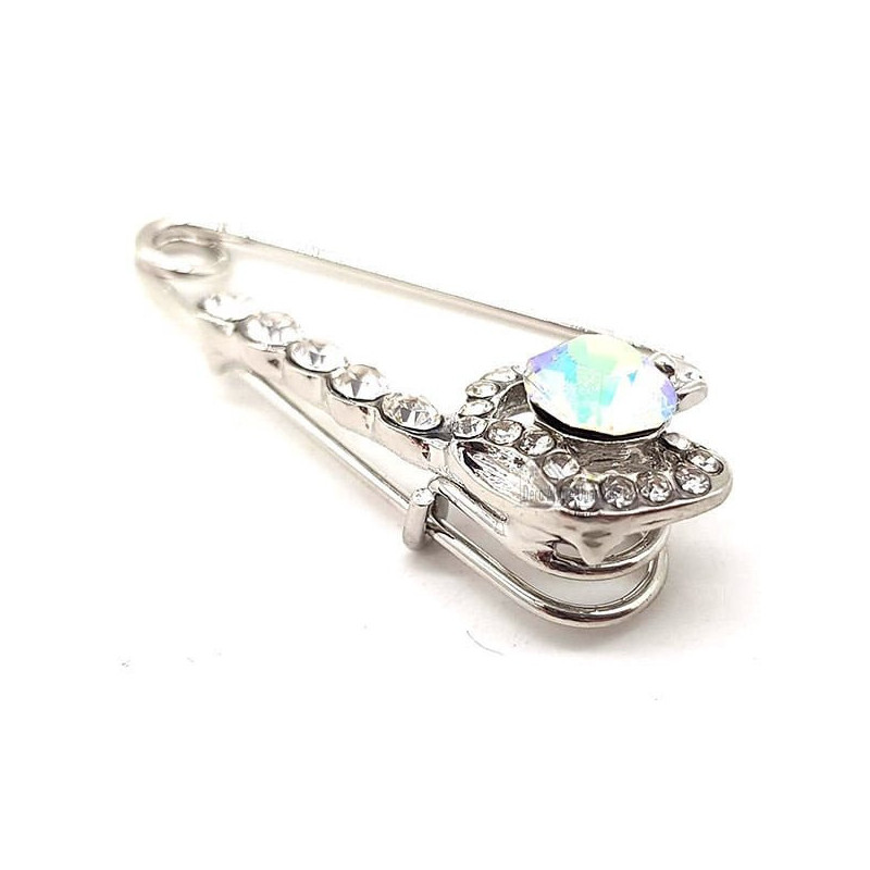 Broche Épingle à Nourrice Fantaisie argentée Couronne sertie de Strass
