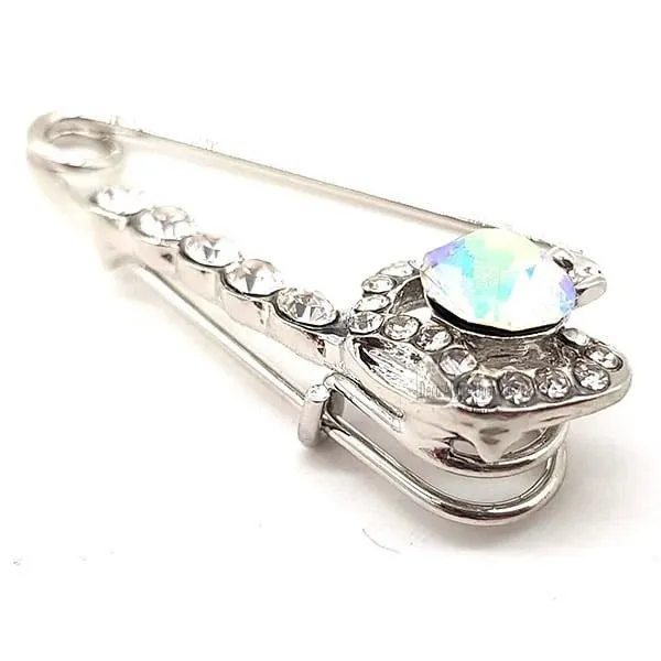 Broche Épingle à Nourrice Fantaisie argentée Couronne sertie de Strass