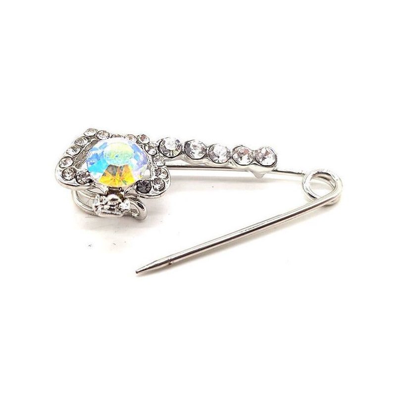 Broche Épingle à Nourrice Fantaisie argentée Couronne sertie de Strass