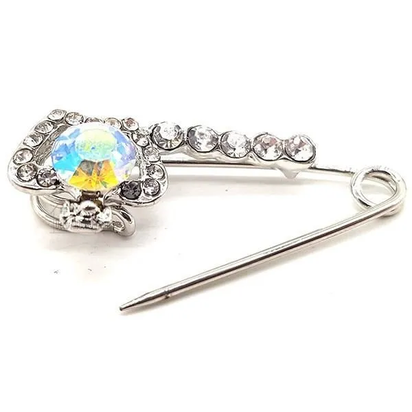 Broche Épingle à Nourrice Fantaisie argentée Couronne sertie de Strass