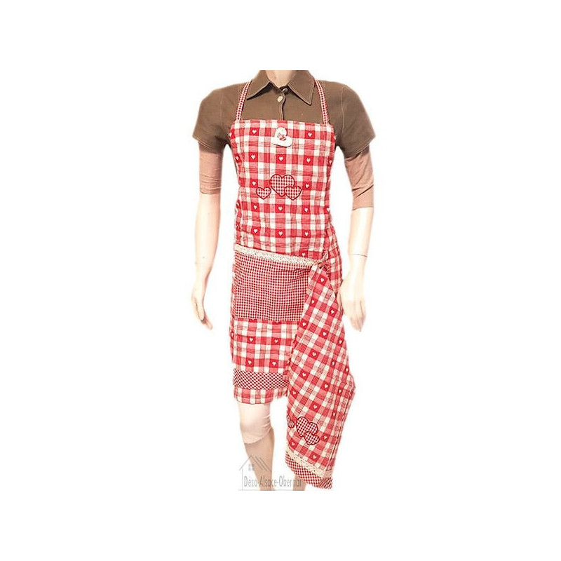 Red Embroidered Adjustable Kitchen Apron with Lace, Gingham Square with Tea Towel