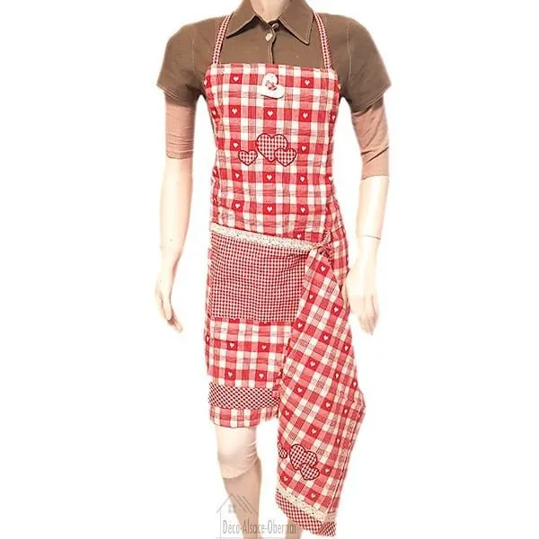 Red Embroidered Adjustable Kitchen Apron with Lace, Gingham Square with Tea Towel