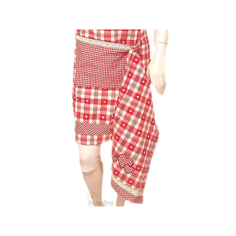 Verstellbare Küchenschürze Rot mit Spitzen, Vichy-Quadrat mit Taschen