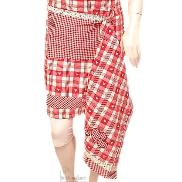 Red Embroidered Adjustable Kitchen Apron with Lace, Gingham Square with Tea Towel