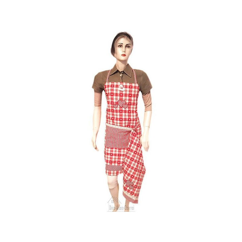 Red Embroidered Adjustable Kitchen Apron with Lace, Gingham Square with Tea Towel