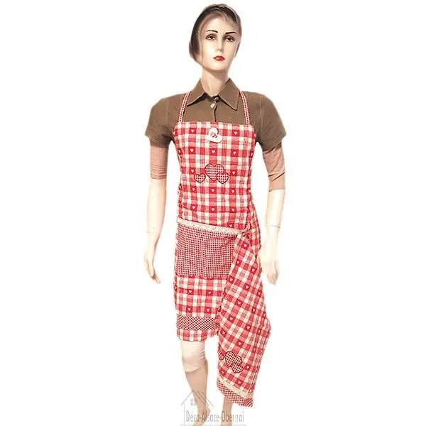 Verstellbare Küchenschürze Rot mit Spitzen, Vichy-Quadrat mit Taschen