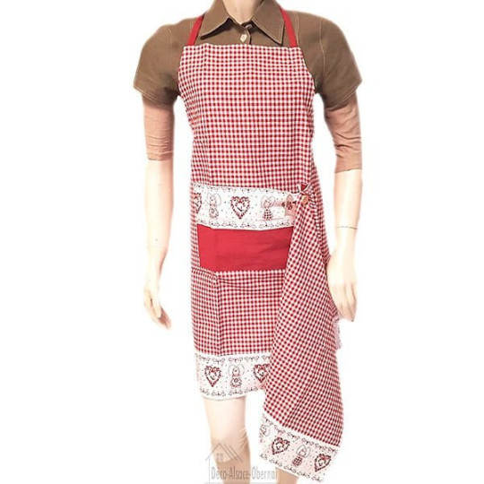 Adjustable Kitchen Apron Red Square Vichy Heart and Alsatian decor with Tea Towel