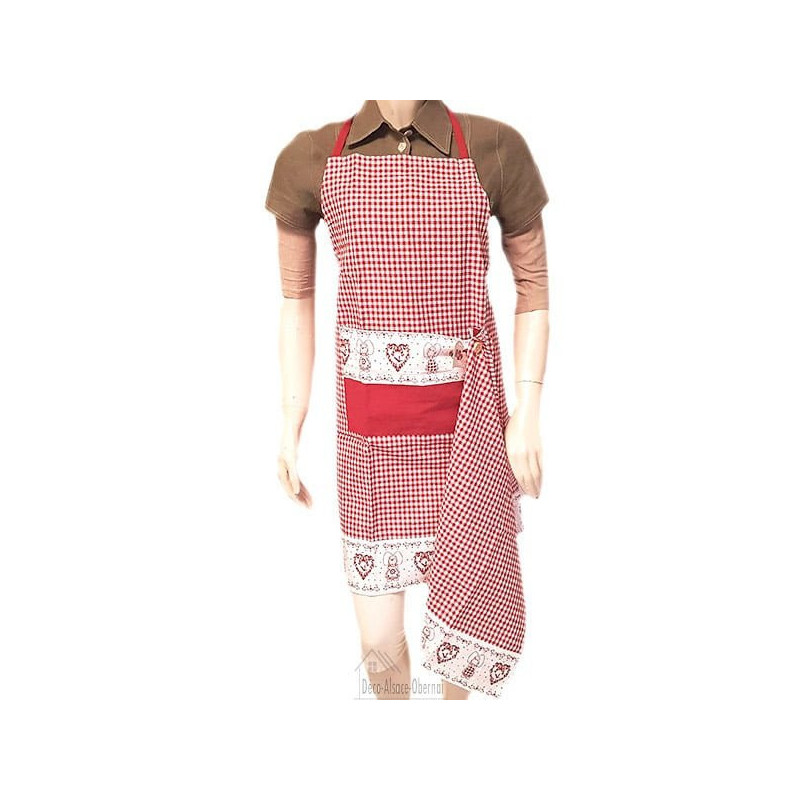 Tablier de Cuisine réglable Rouge Carré Vichy décor Coeur et Alsacienne avec Torcho