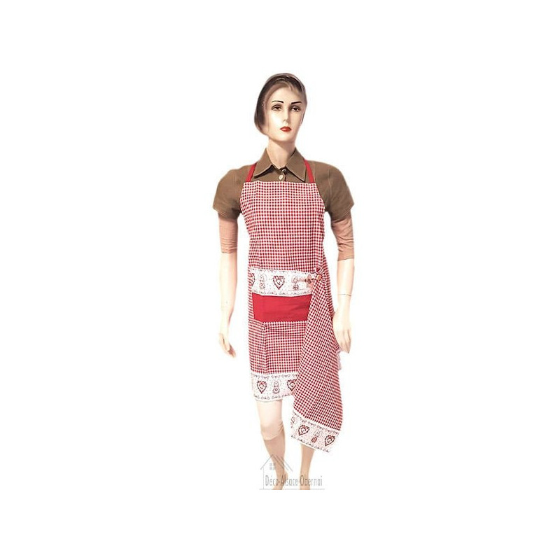 Adjustable Kitchen Apron Red Square Vichy Heart and Alsatian decor with Tea Towel