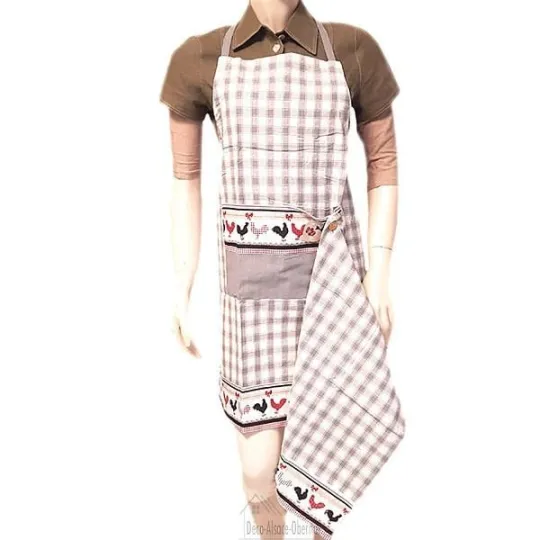 Tablier de Cuisine réglable Carré Vichy Gris décor Coqs d'Alsace avec Torchon