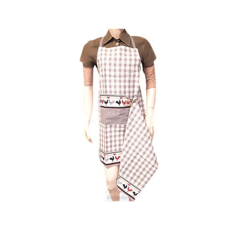 Tablier de Cuisine réglable Carré Vichy Gris décor Coqs d'Alsace avec Torchon