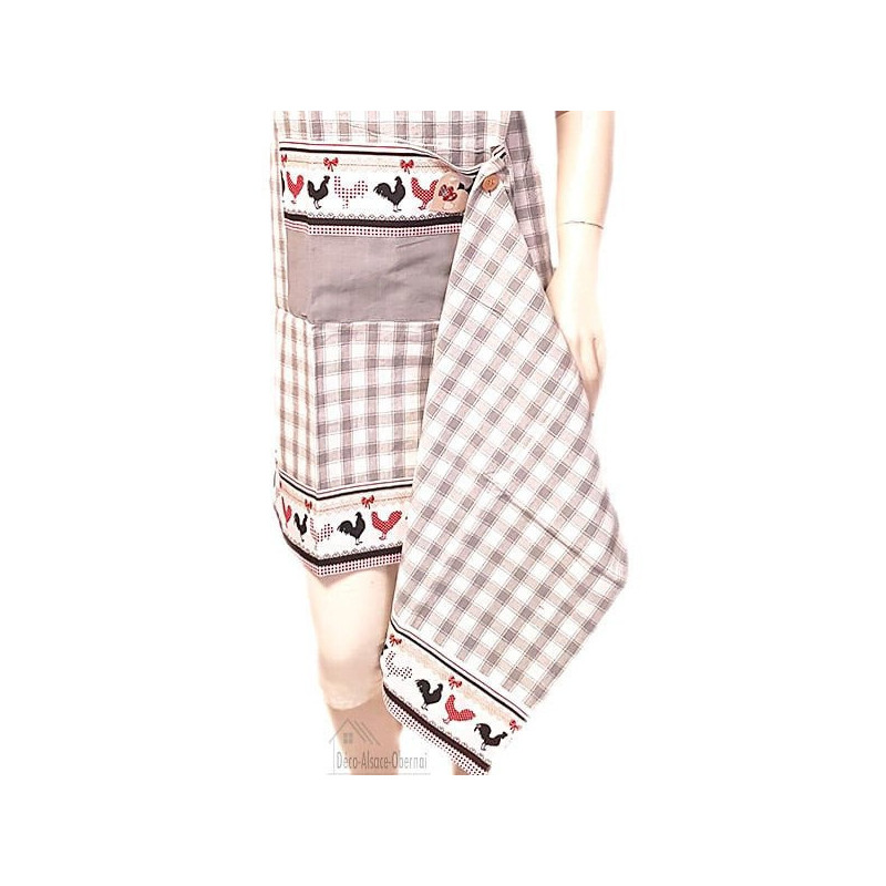 Adjustable Kitchen Apron Gray Vichy Square Coqs d'Alsace decor with Tea towel