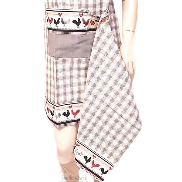 Adjustable Kitchen Apron Gray Vichy Square Coqs d'Alsace decor with Tea towel