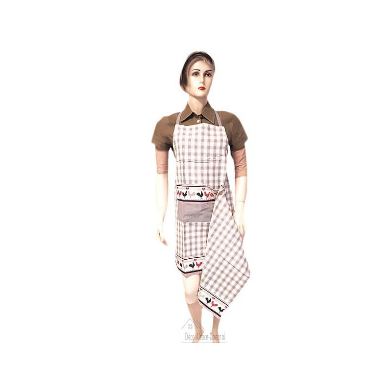 Adjustable Kitchen Apron Gray Vichy Square Coqs d'Alsace decor with Tea towel