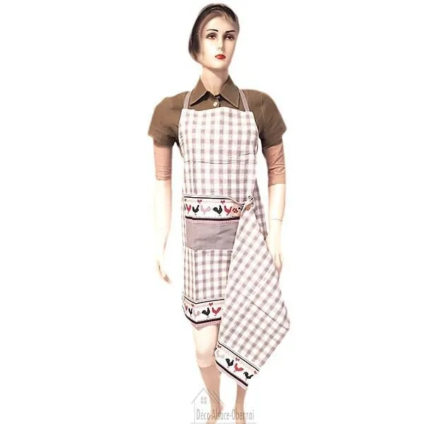 Adjustable Kitchen Apron Gray Vichy Square Coqs d'Alsace decor with Tea towel