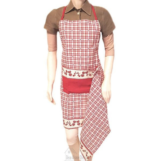 Adjustable Kitchen Apron Red Square Vichy Hearts Decor with Tea Towel