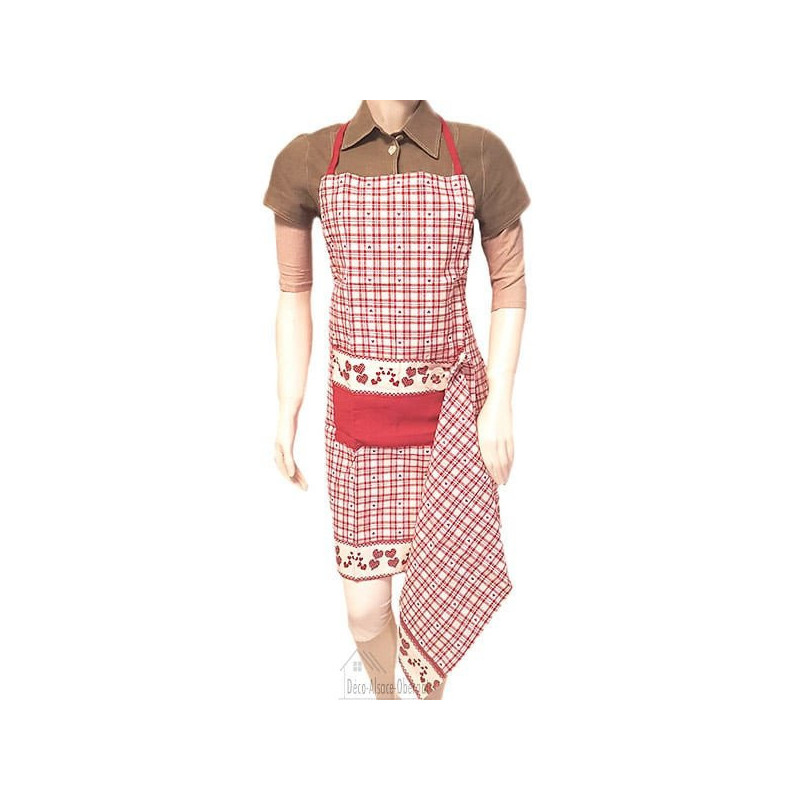 Tablier de Cuisine réglable Rouge Carré Vichy décor Coeurs avec Torchon