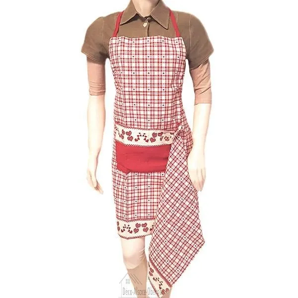 Tablier de Cuisine réglable Rouge Carré Vichy décor Coeurs avec Torchon