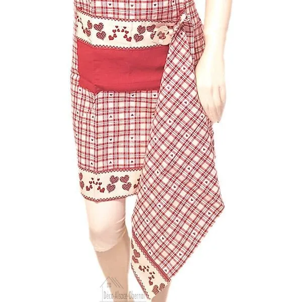 Adjustable Kitchen Apron Red Square Vichy Hearts Decor with Tea Towel