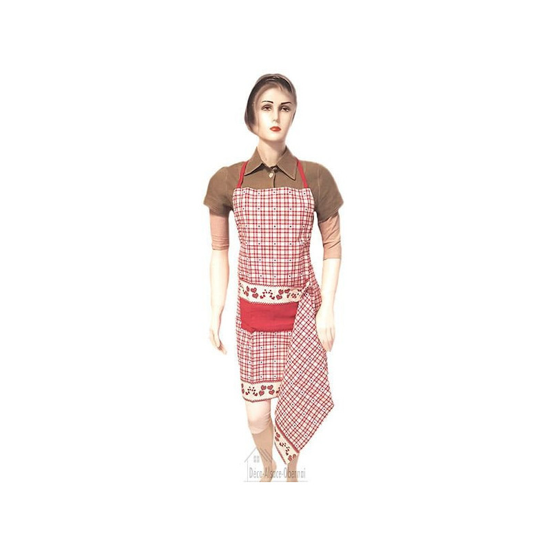 Adjustable Kitchen Apron Red Square Vichy Hearts Decor with Tea Towel