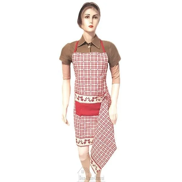 Adjustable Kitchen Apron Red Square Vichy Hearts Decor with Tea Towel
