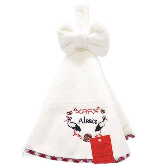 Essuie-Mains de Cuisine rond Blanc brodé Cigognes d'Alsace 50 cm