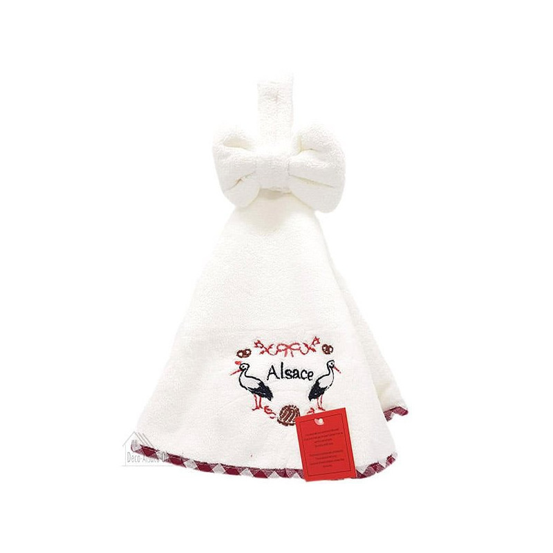 Essuie-Mains de Cuisine rond Blanc brodé Cigognes d'Alsace 50 cm