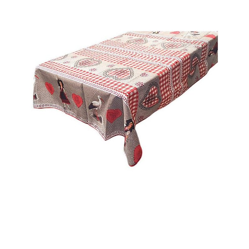 Nappe Alsace carrée décor Cigognes, Alsacienne et Coeurs d'Alsace 150 cm x 150 cm