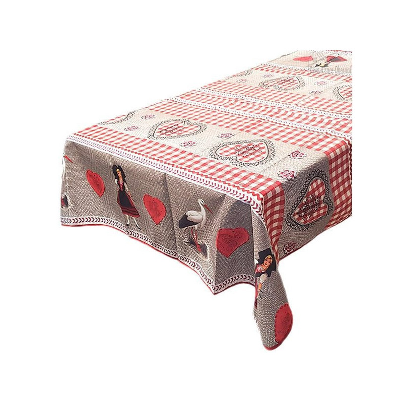 Nappe Alsace carrée décor Cigognes, Alsacienne et Coeurs d'Alsace 150 cm x 150 cm