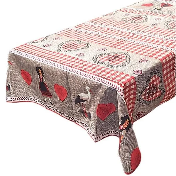 Nappe Alsace carrée décor Cigognes, Alsacienne et Coeurs d'Alsace 150 cm x 150 cm