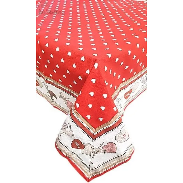Tischdecke quadratisch 90 x 90 cm rot, motiv Herzen-dekor Störche