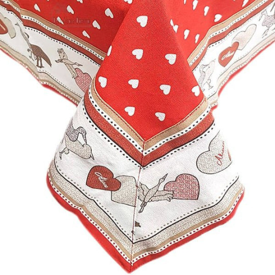 Nappe carrée 90 cm x 90 cm rouge motif Coeurs décor Cigognes