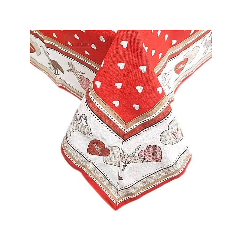 Square tablecloth 90 cm x 90 cm red Hearts motif stork decor