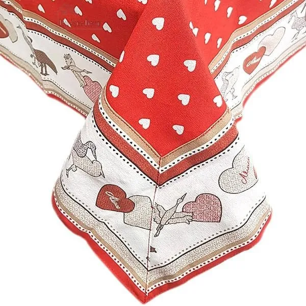 Tischdecke quadratisch 90 x 90 cm rot, motiv Herzen-dekor Störche