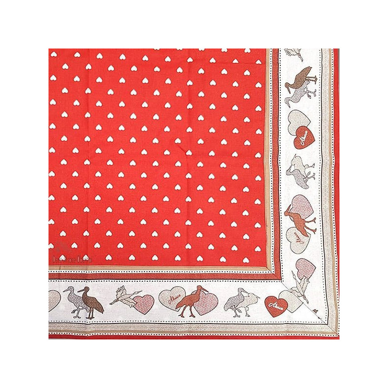 Square tablecloth 90 cm x 90 cm red Hearts motif stork decor