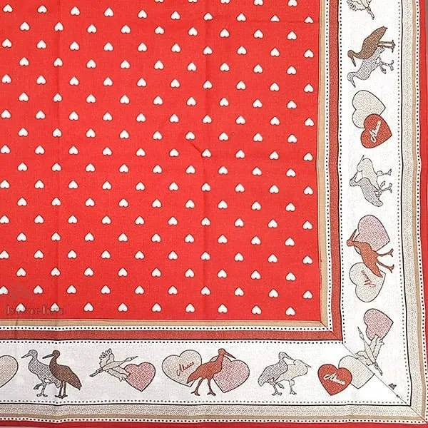 Tischdecke quadratisch 90 x 90 cm rot, motiv Herzen-dekor Störche