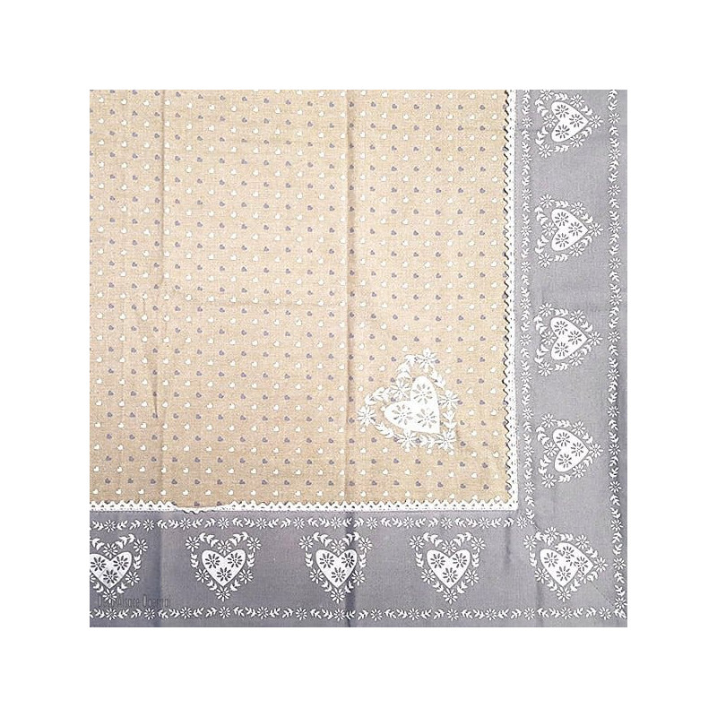 Nappe carrée 90 cm x 90 cm grise avec Dentelles Brodée et motifs Coeurs